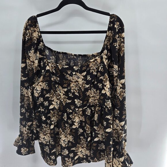 Shein Curve Black Brown Cream Floral Long Sleeved Back Ruched Blouse 4XL - Picture 1 of 10